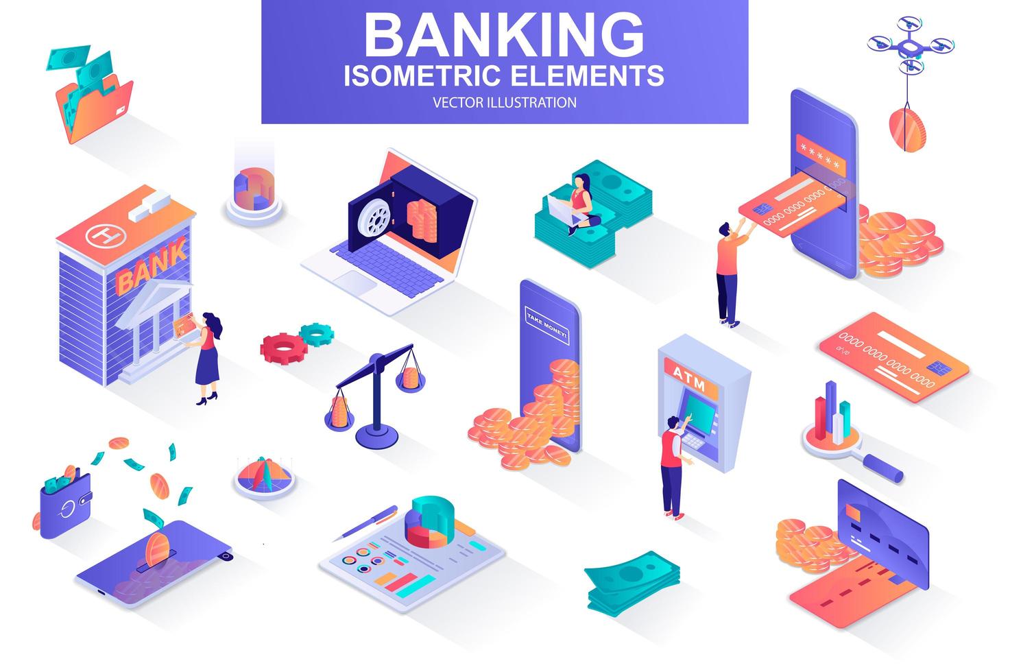 Banking services bundle of isometric elements. vector