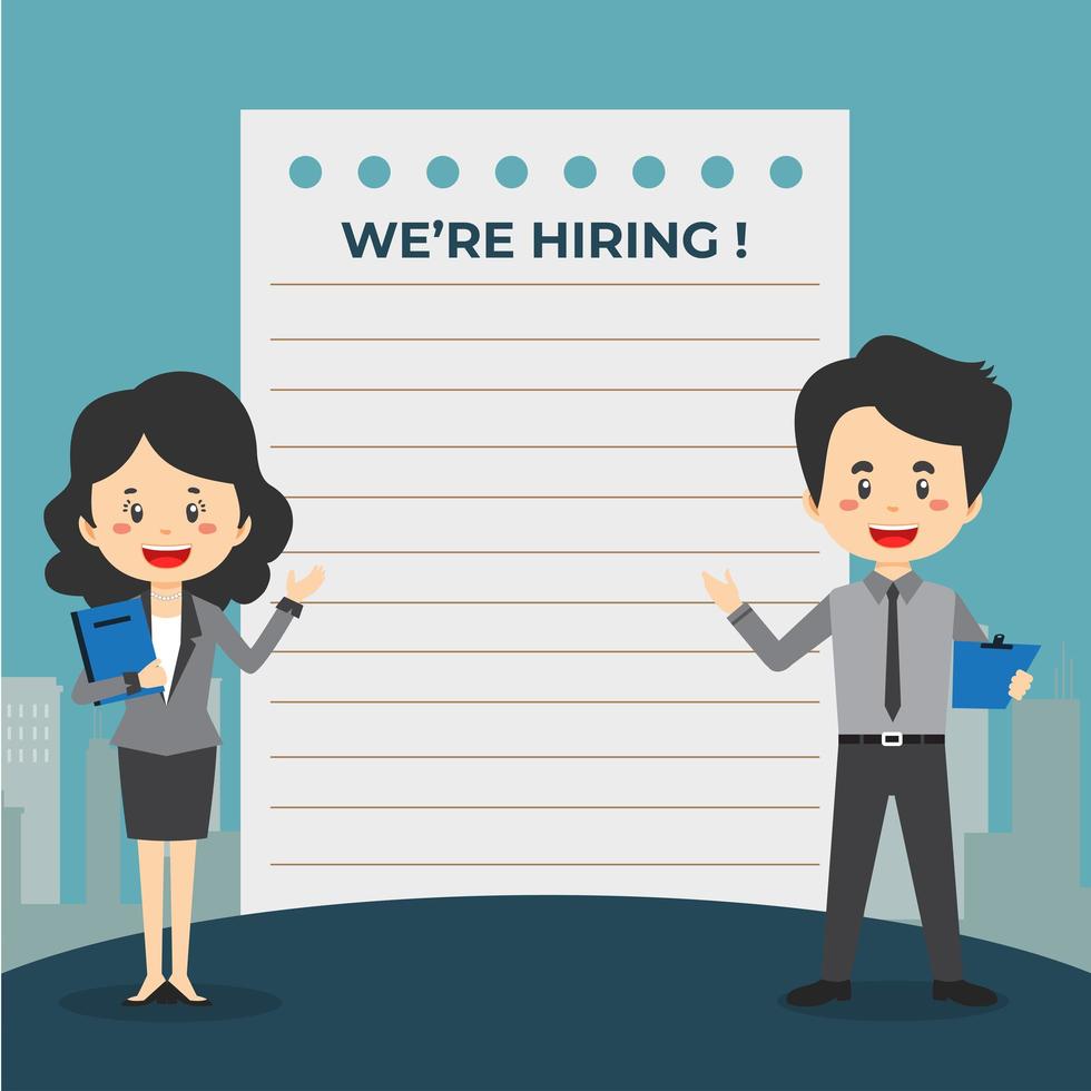 Man and Woman Pointing At We're Hiring Banner vector