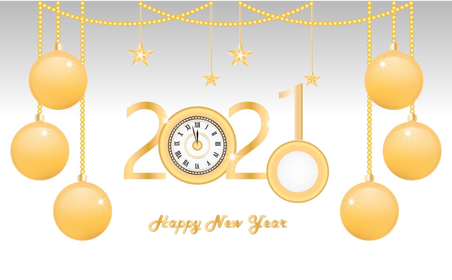 New Year 2021 design with hanging ornaments and clock vector