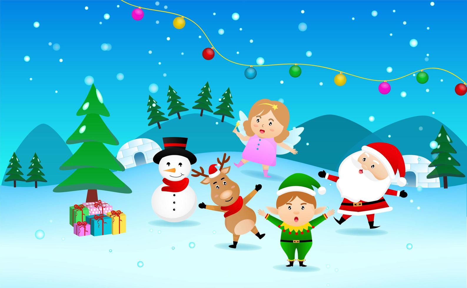escena navideña con santa, muñeco de nieve, renos, ángel y elfo. vector