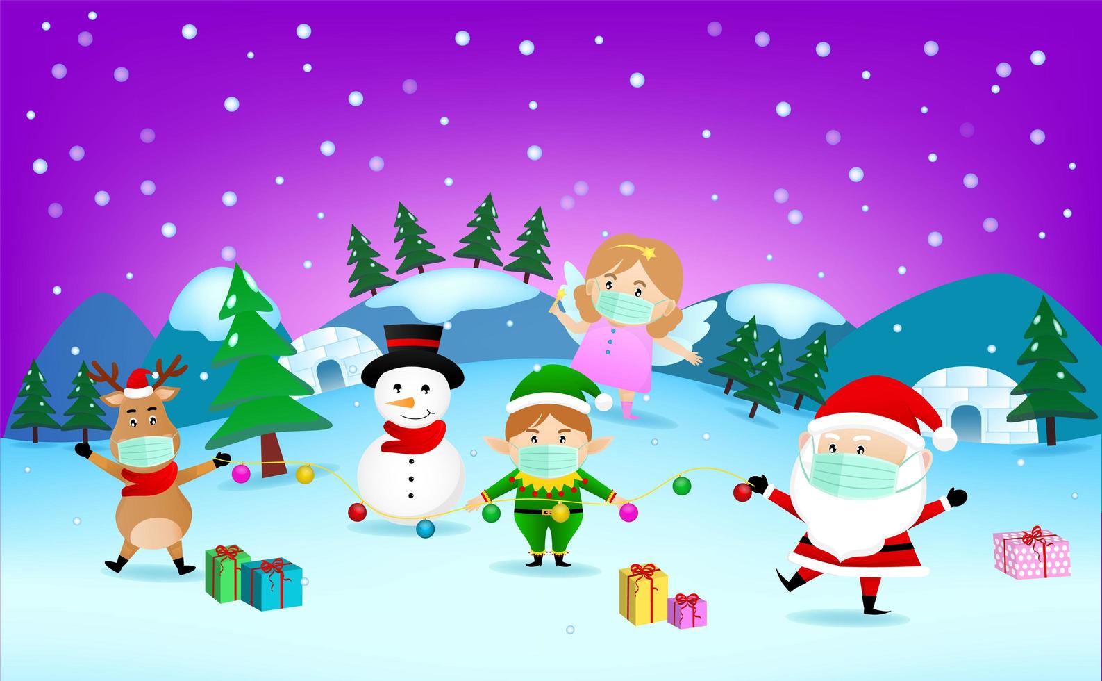 personajes navideños enmascarados en paisaje de invierno vector