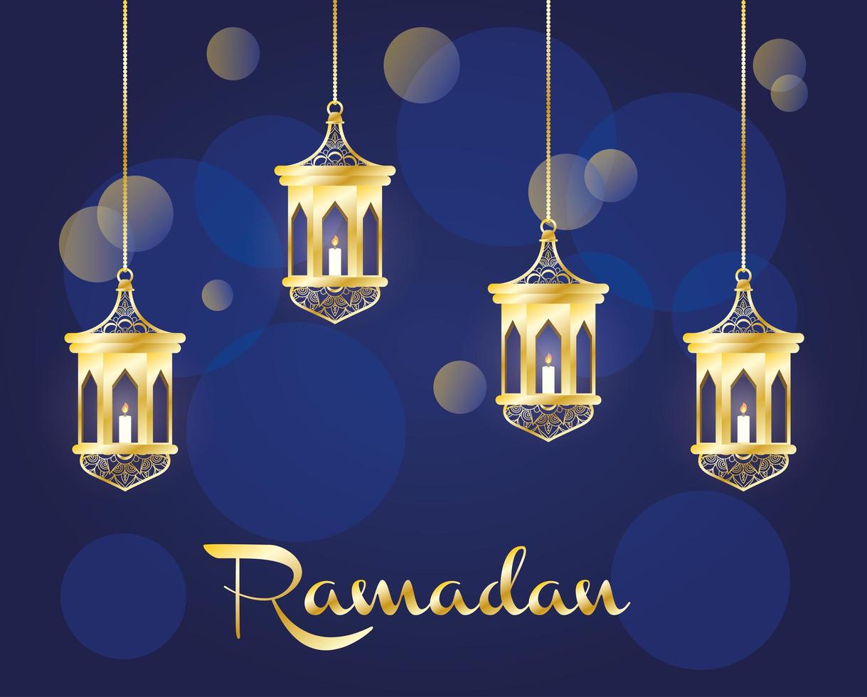 Ramadan celebration banner with gold lamps vector
