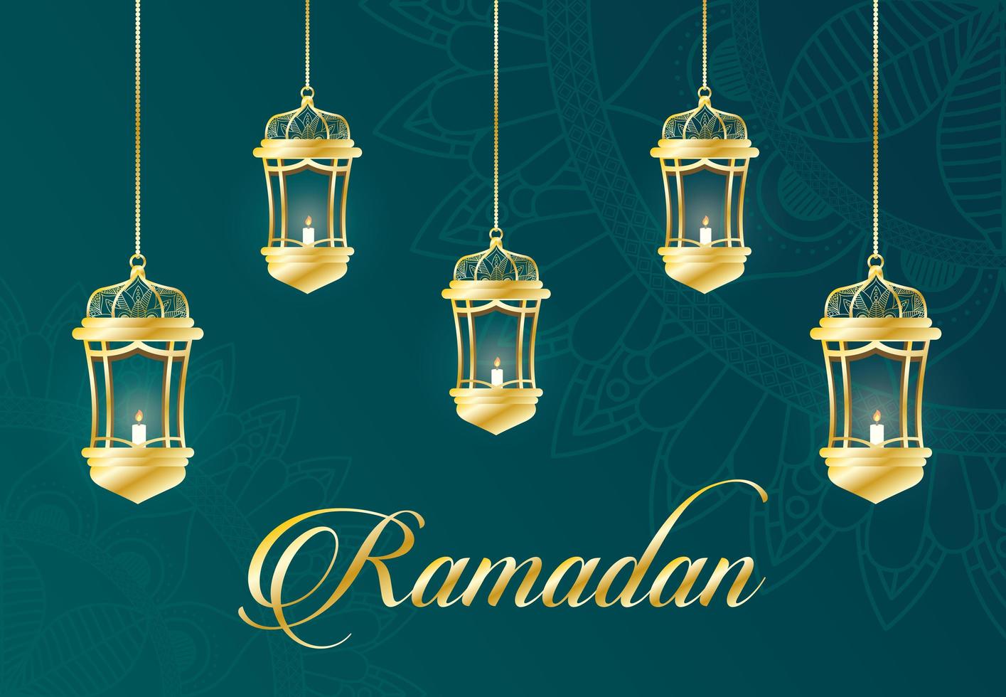 Banner de celebración de Ramadán con lámparas de oro. vector