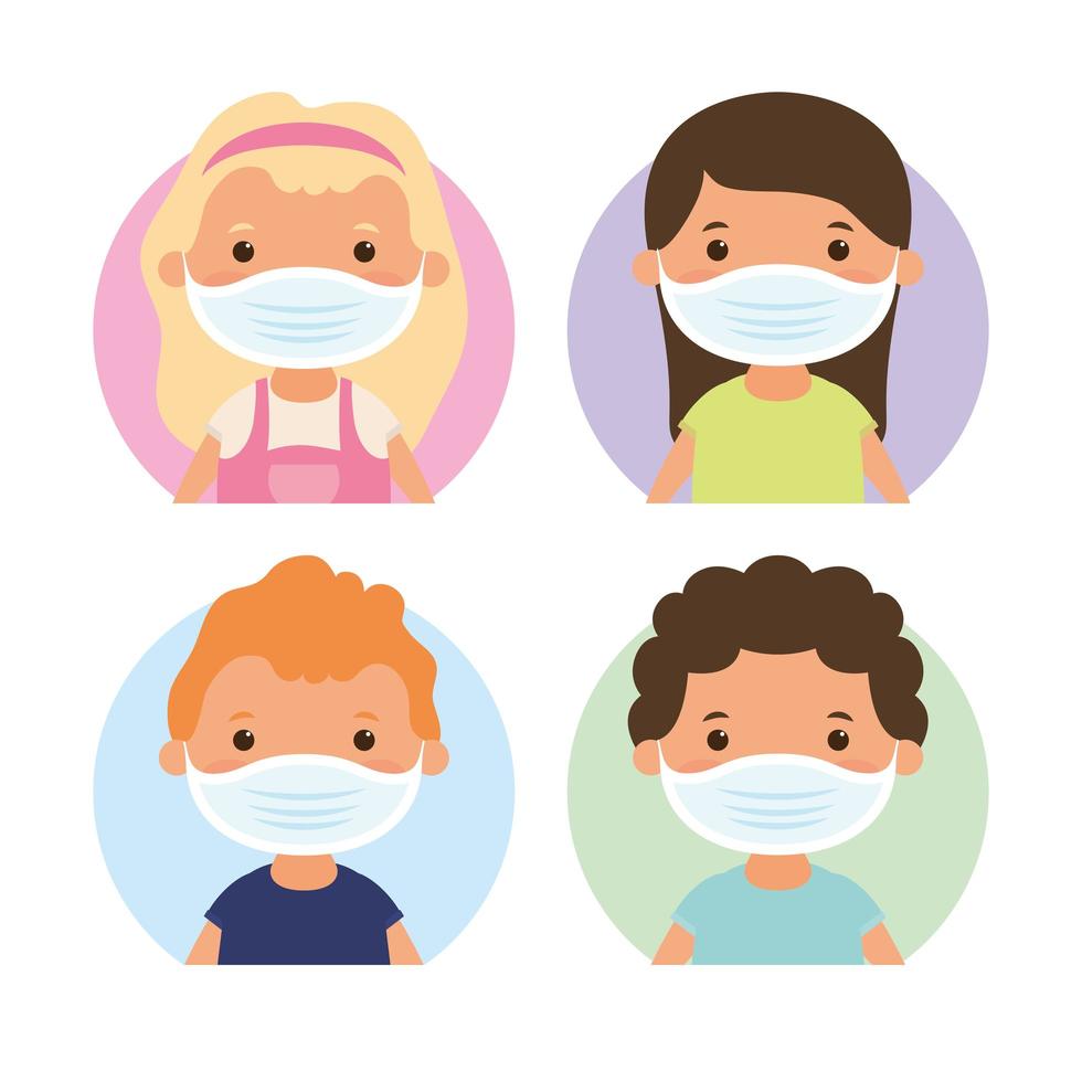 Young kids characters with face masks vector