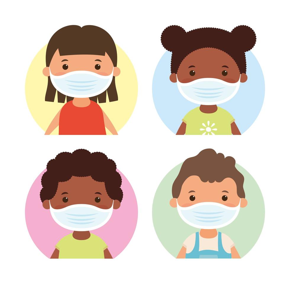 Young kids characters with face masks vector