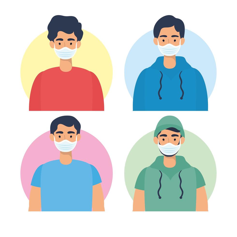 Young men characters with face masks vector