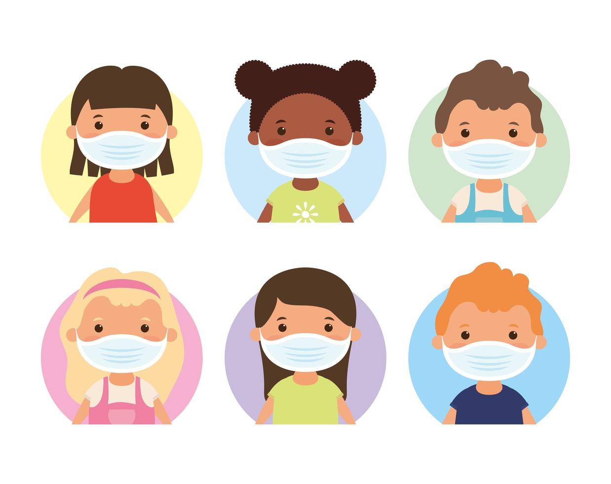 Young kids characters with face masks vector