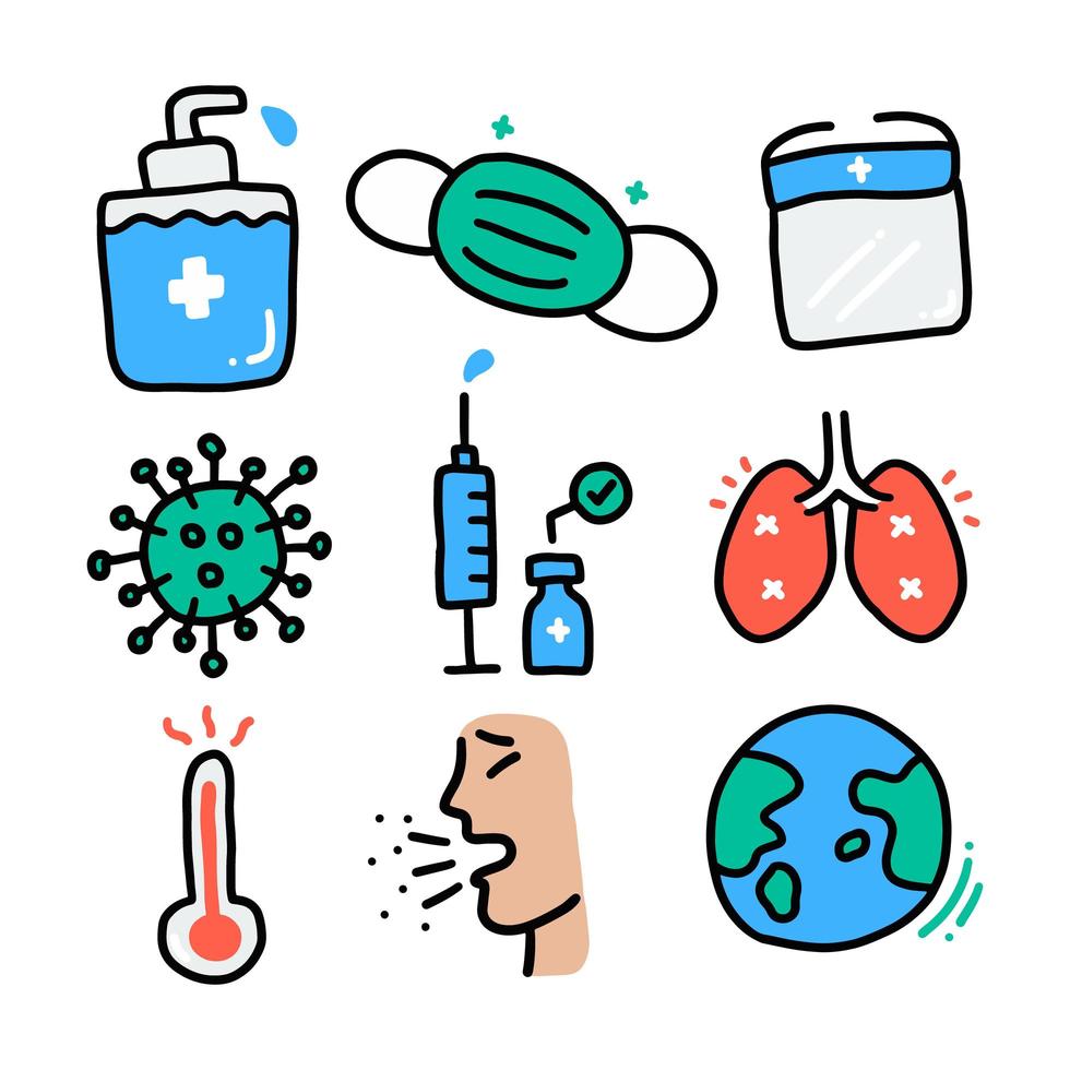 Set of medical cartoon doodles about coronavirus pandemic vector