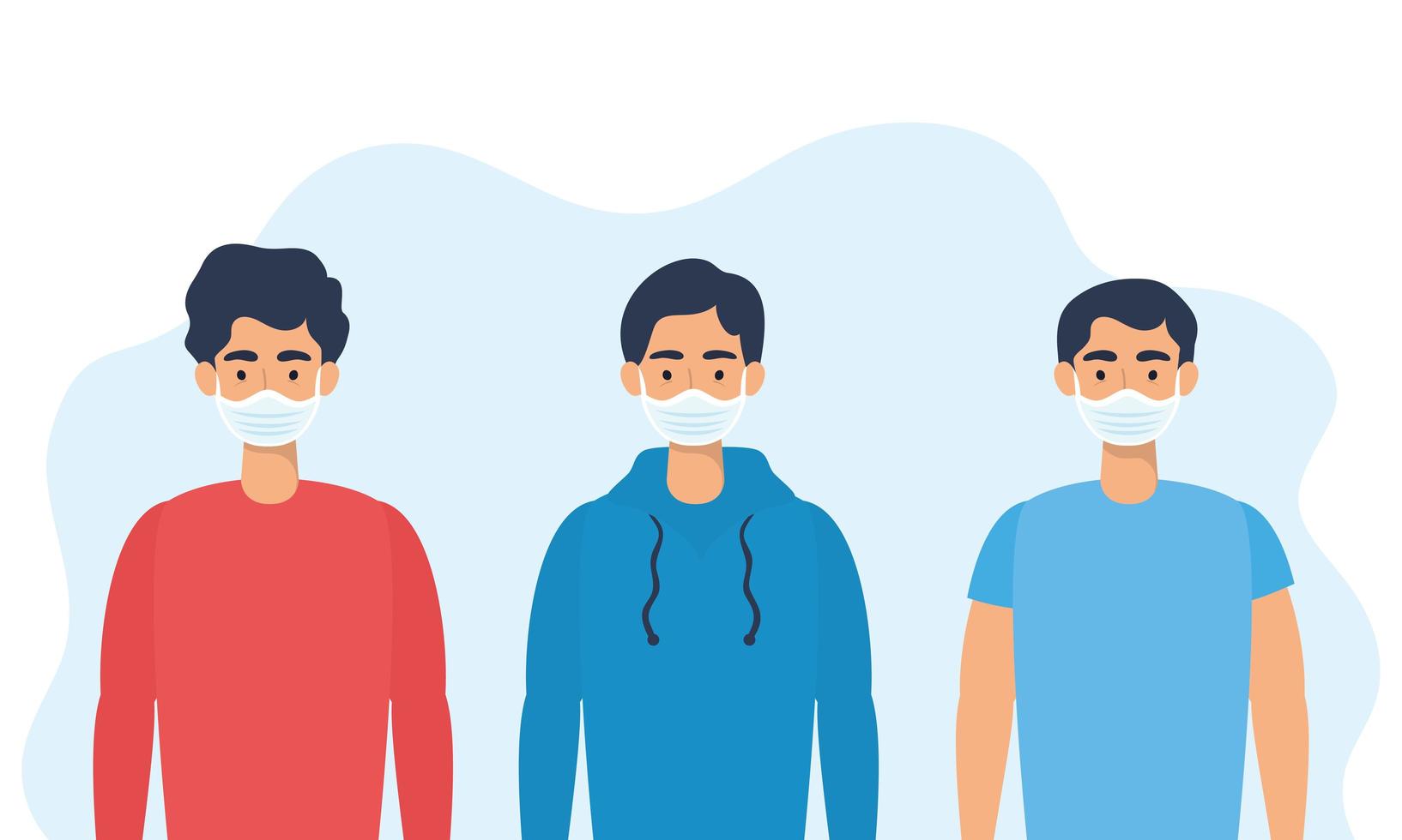 Young men characters with face masks vector