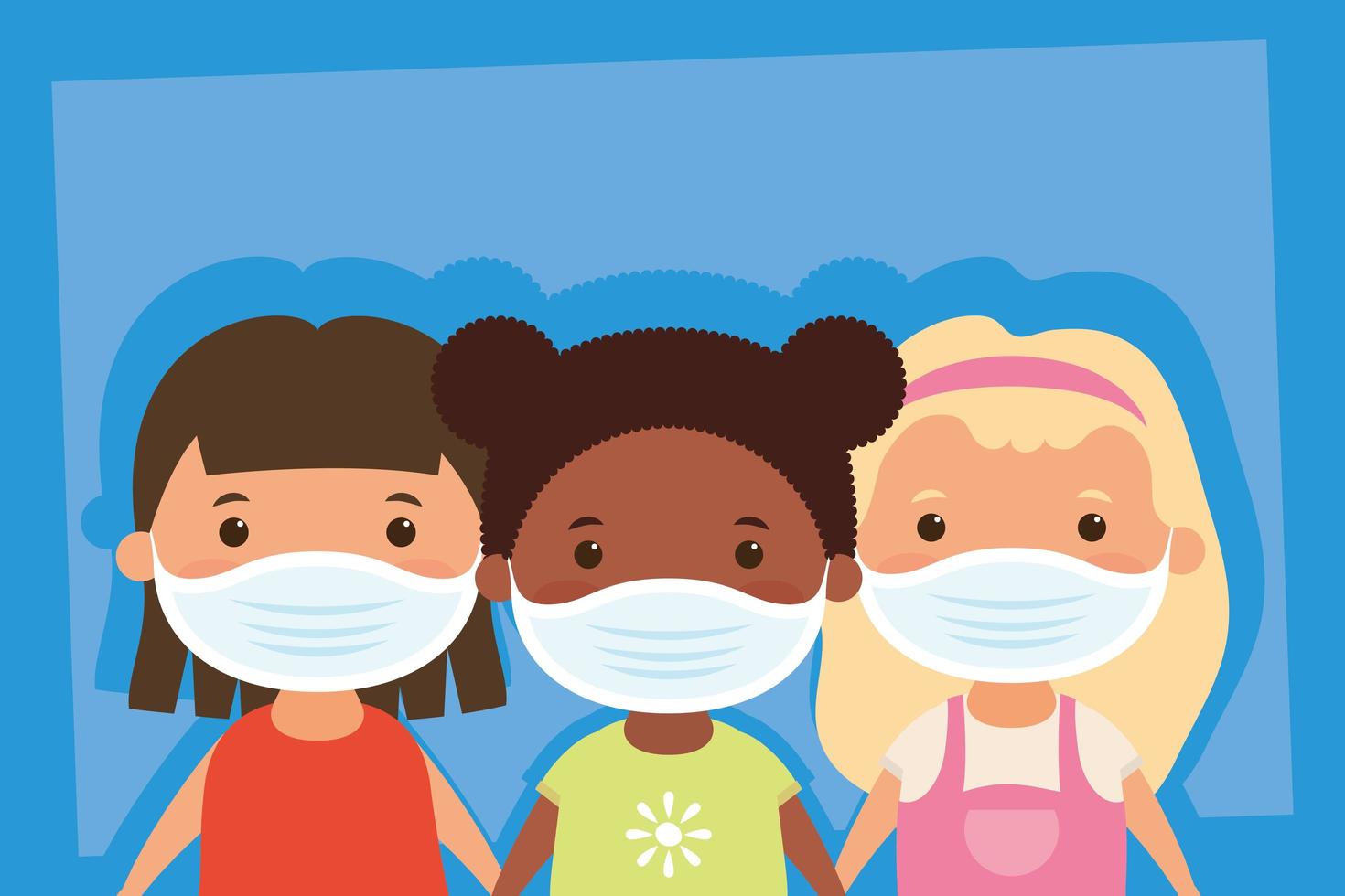 Young girls characters with face masks vector