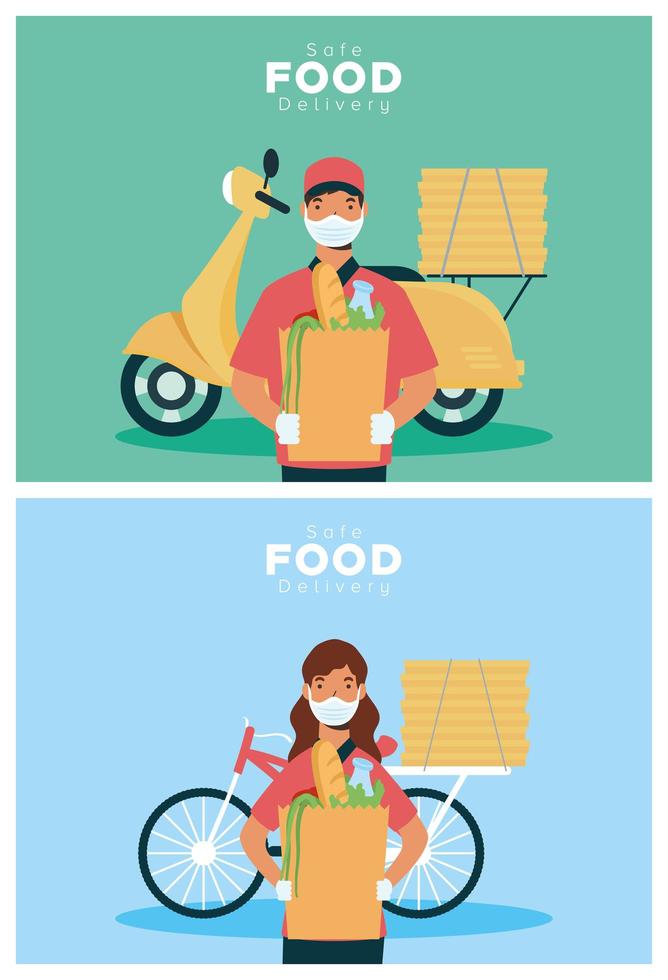 Safe food delivery workers with groceries bags vector