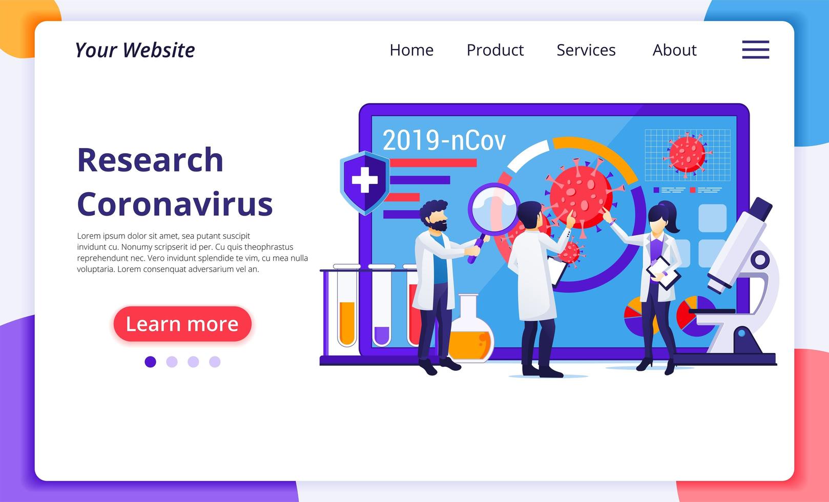 Research laboratory concept for Covid-19 Corona virus with scientists working at medicine laboratorium. Modern flat web page design for website and mobile website development. Vector illustration