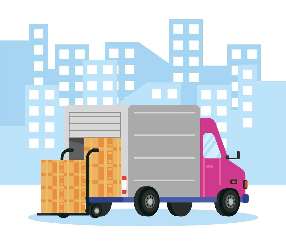 Delivery service composition with truck and packages vector
