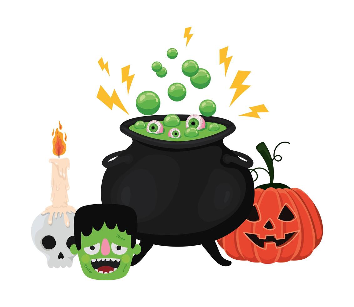 Halloween witch bowl skull frankenstein and pumpkin design vector