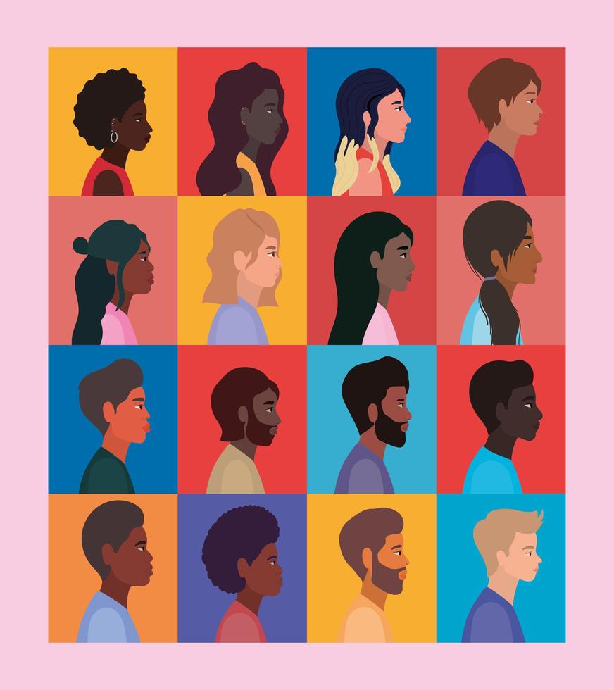 diversidad de dibujos animados de mujeres y hombres en marcos. vector