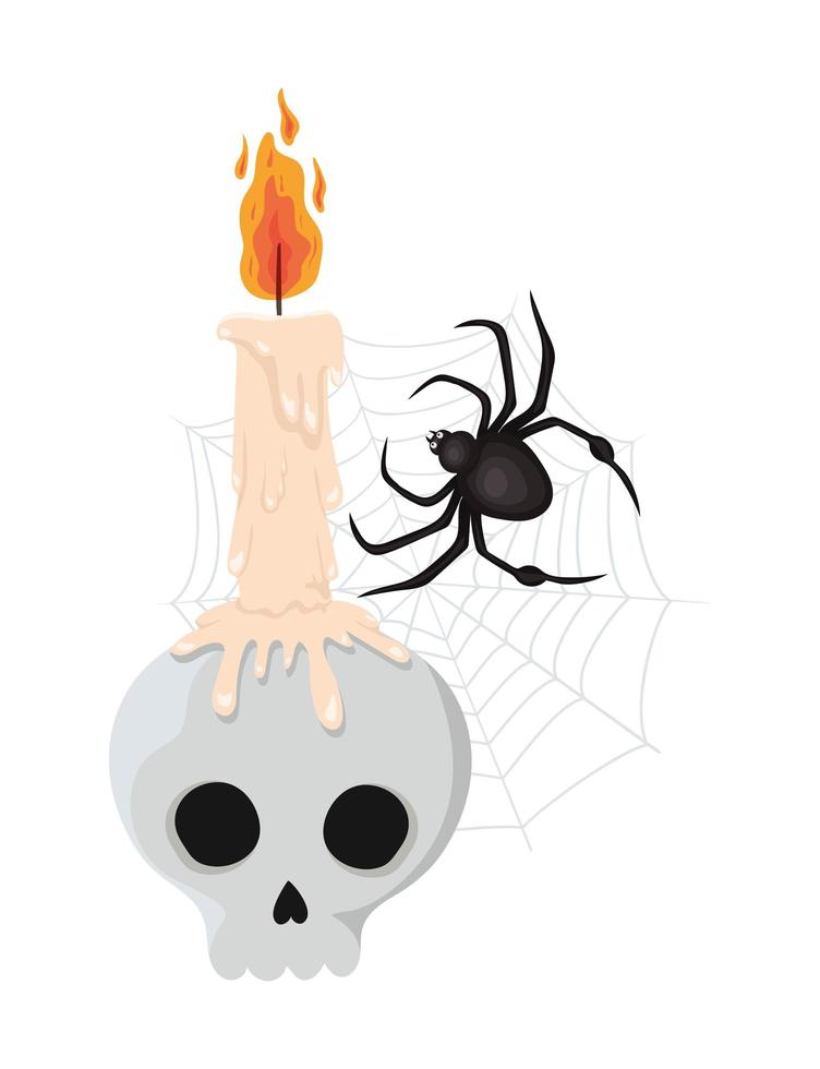 calavera de halloween con vela y diseño de araña vector