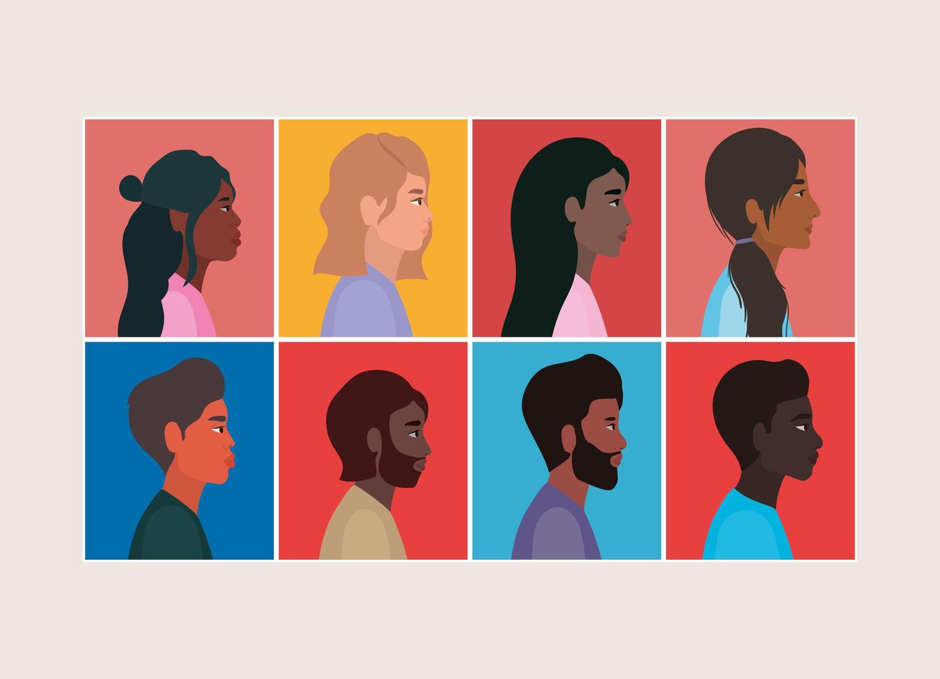 diversidad de dibujos animados de mujeres y hombres en marcos. vector