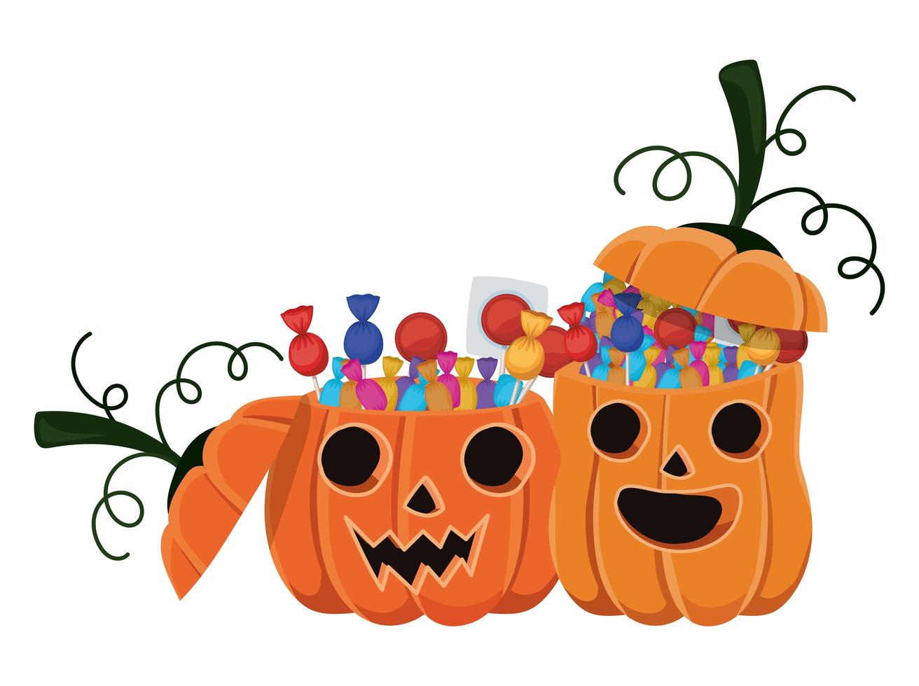 Halloween pumpkins cartoons with candies design vector