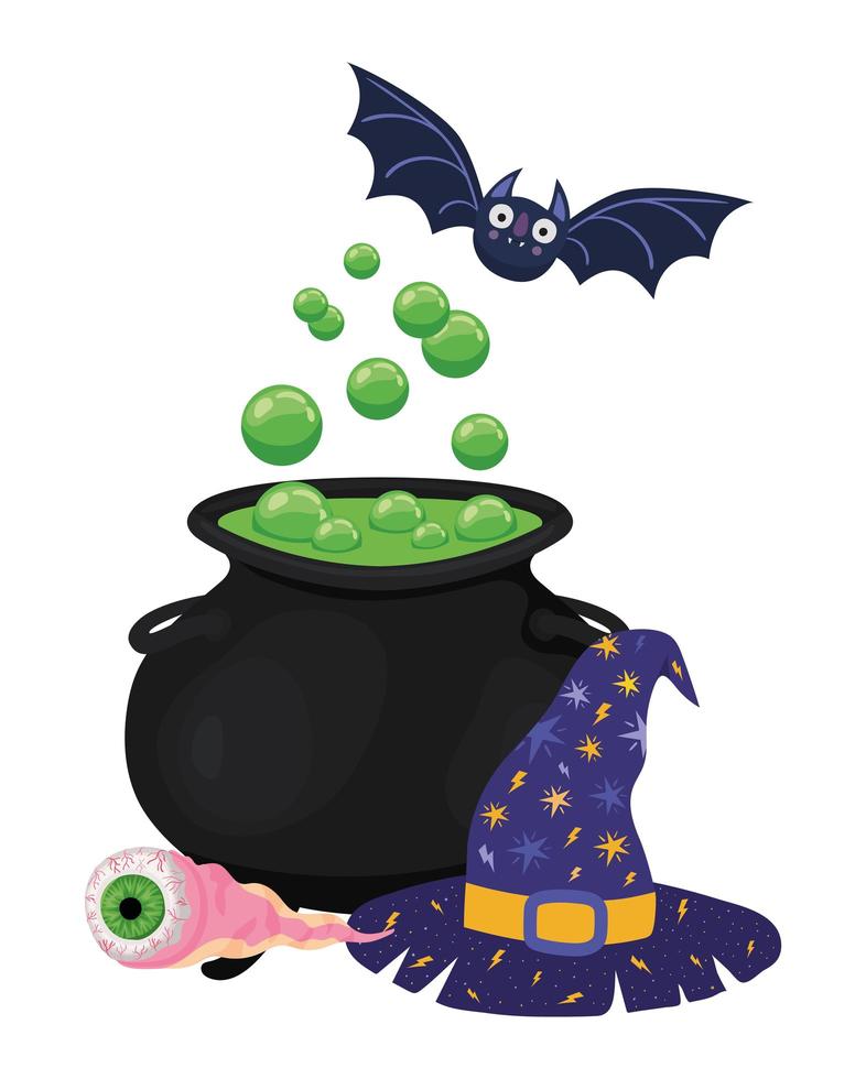 Halloween witch bowl bat eye and hat design vector