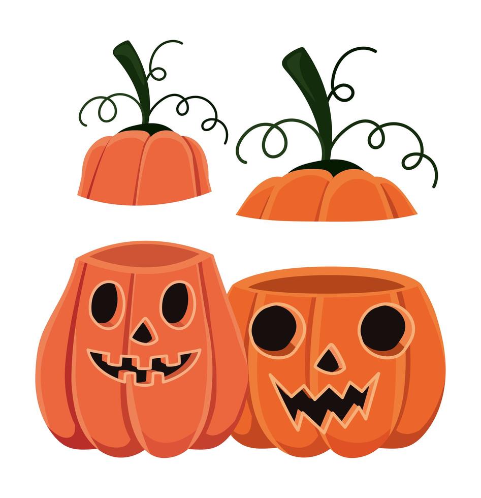 dibujos animados de dos calabazas de halloween con cubiertas vector