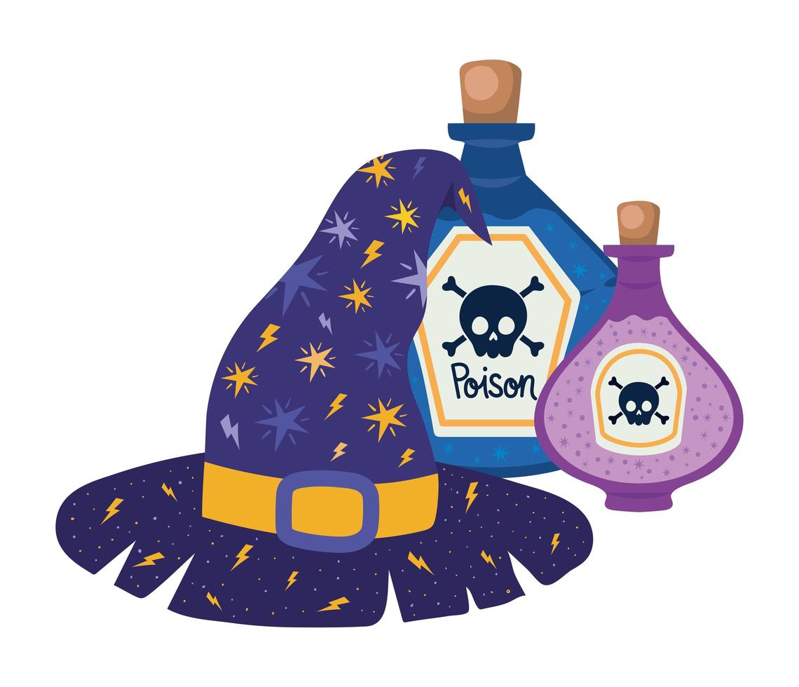 Halloween witch hat and poisons design vector