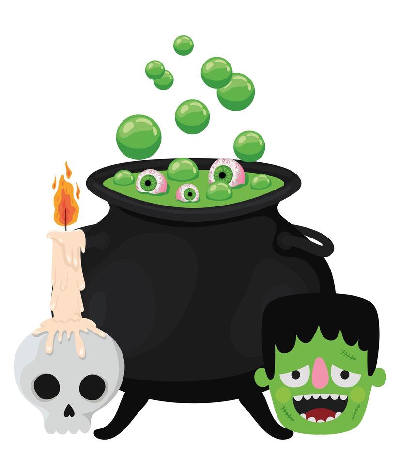 Halloween witch bowl skull and frankenstein design vector