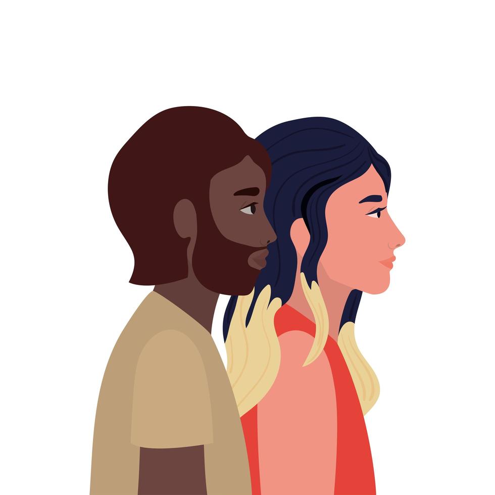 Woman and black man cartoon in side view vector