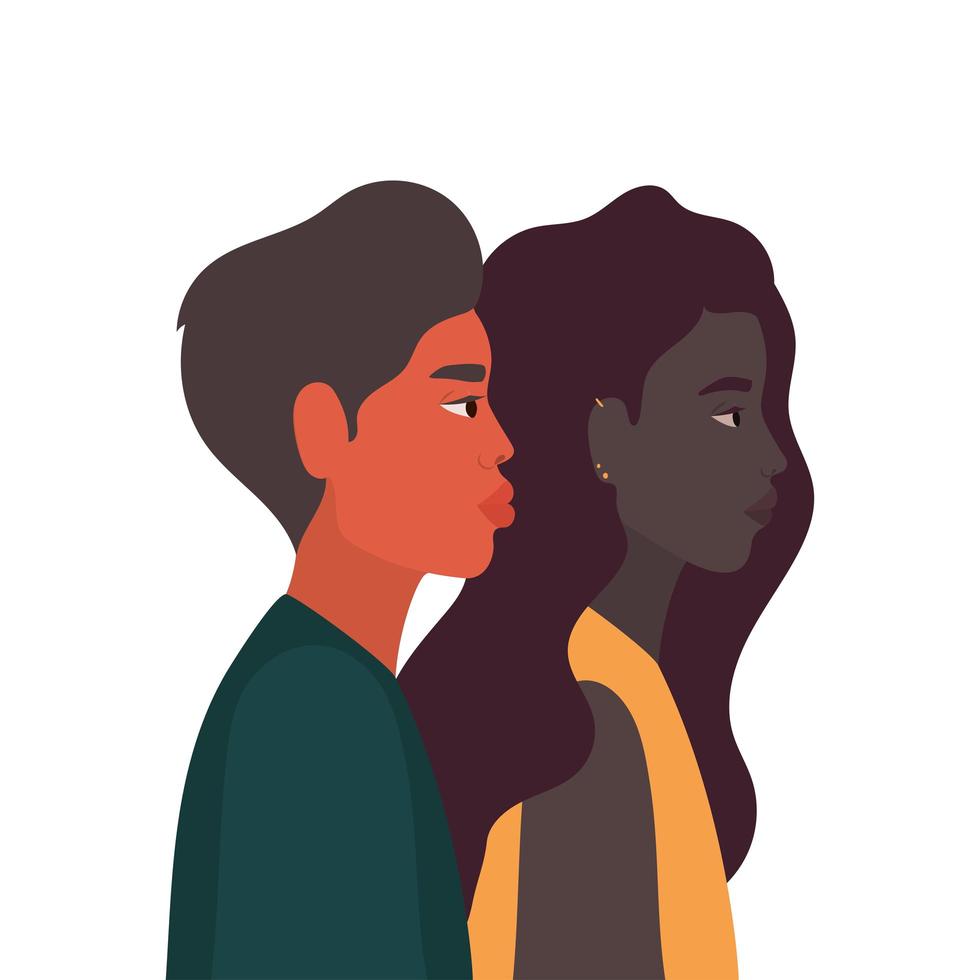 Black woman and man cartoon in side view vector