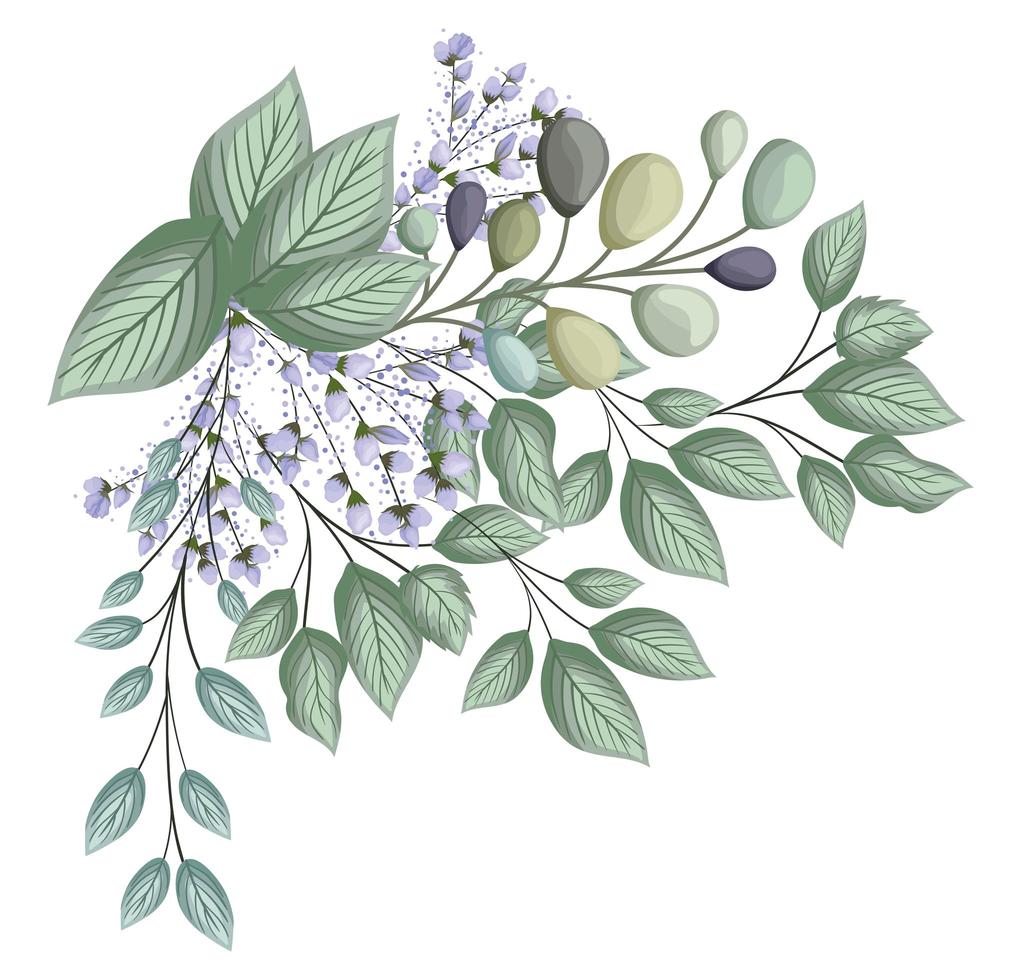 Blue buds flowers with leaves bouquet painting vector