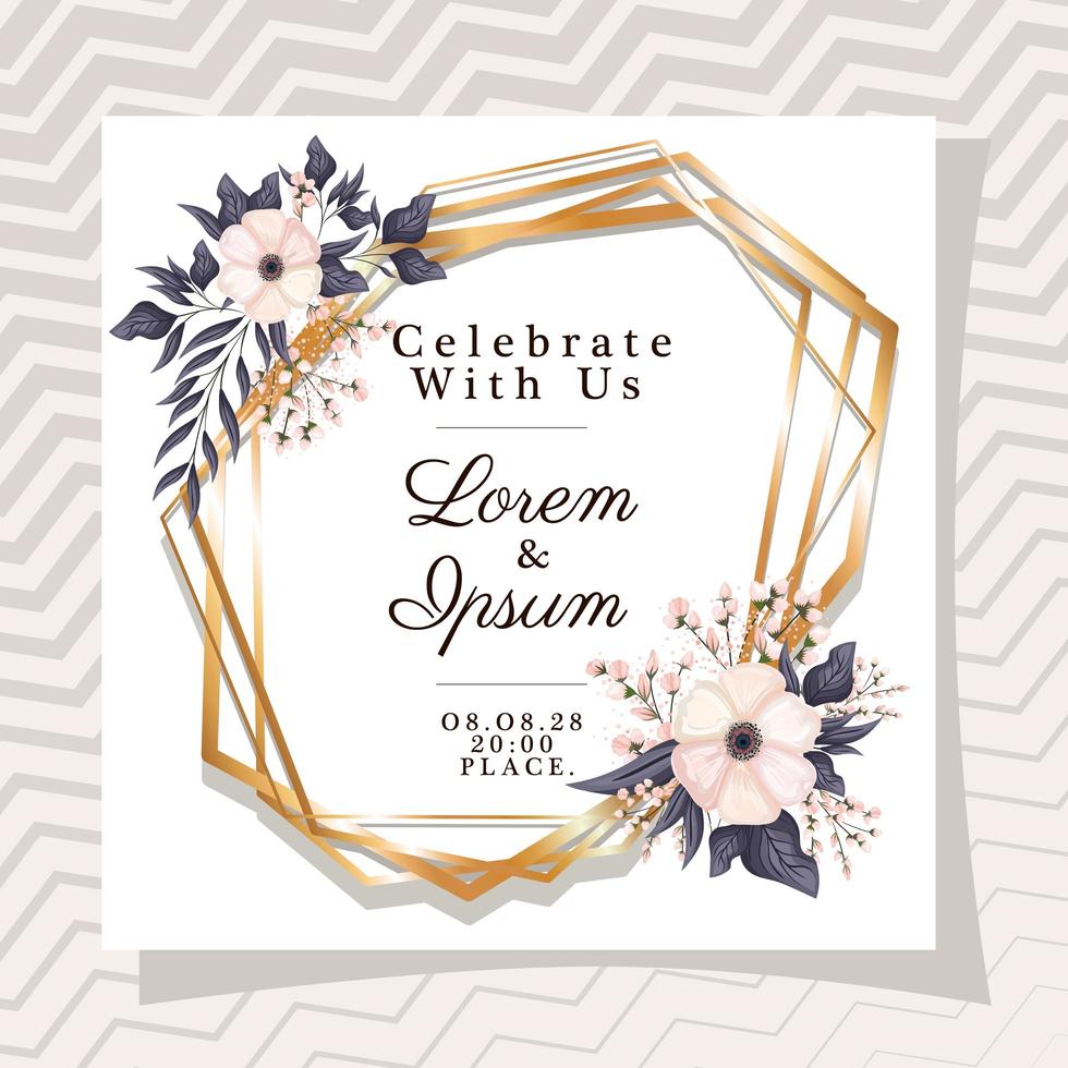 Wedding invitation in gold frame design vector