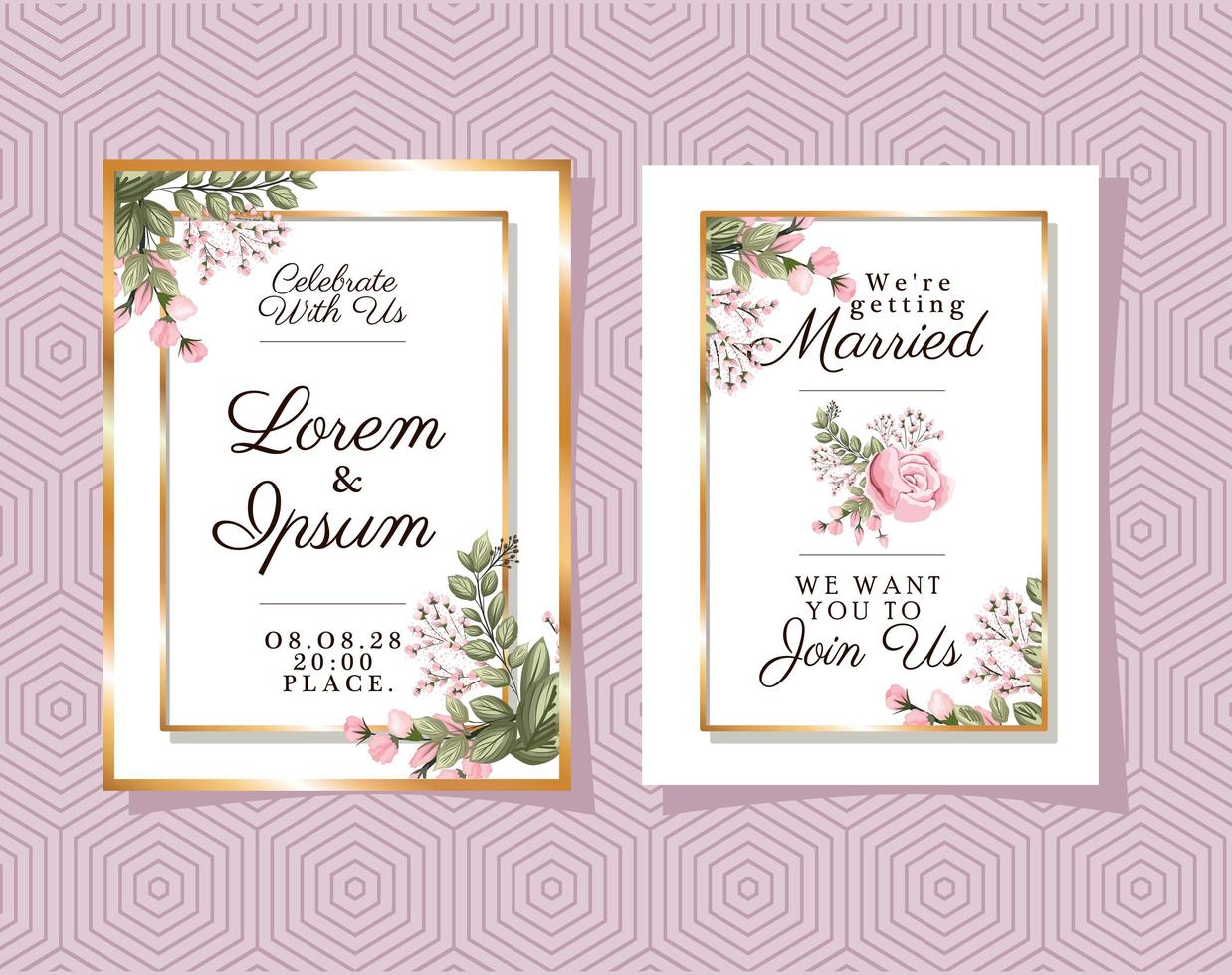 Two wedding invitations with gold ornament frames vector