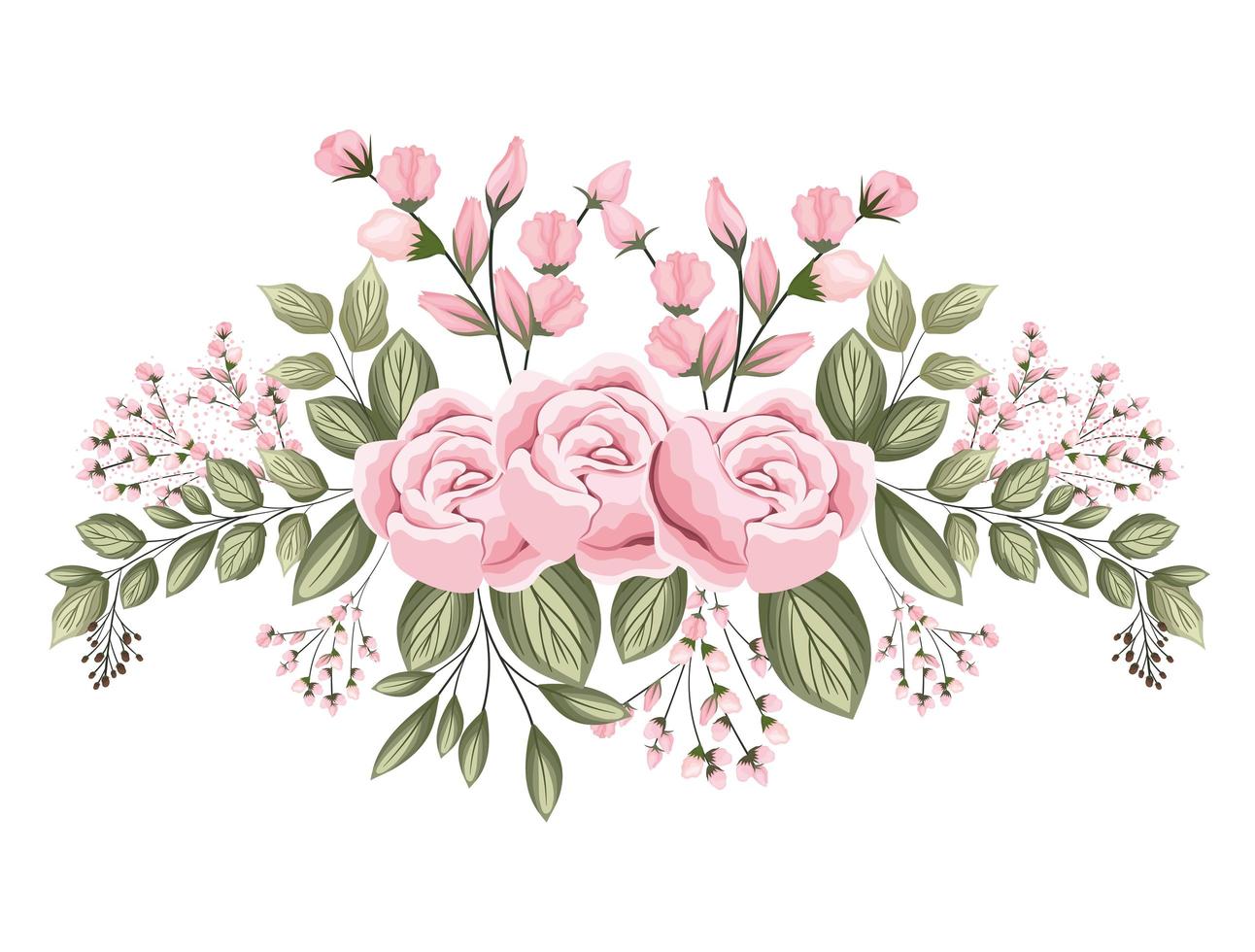 Pink roses flowers with buds and leaves painting vector