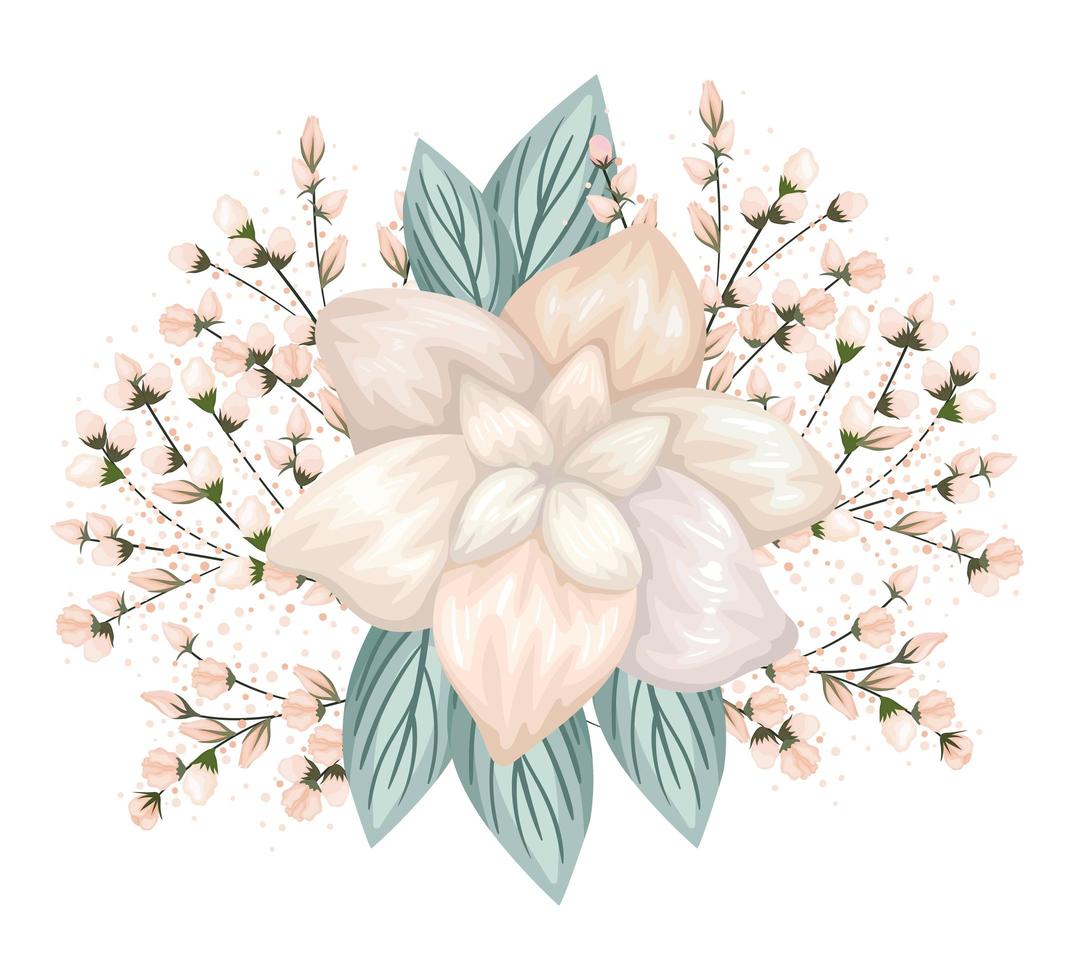 flor blanca con brotes y hojas de pintura vector