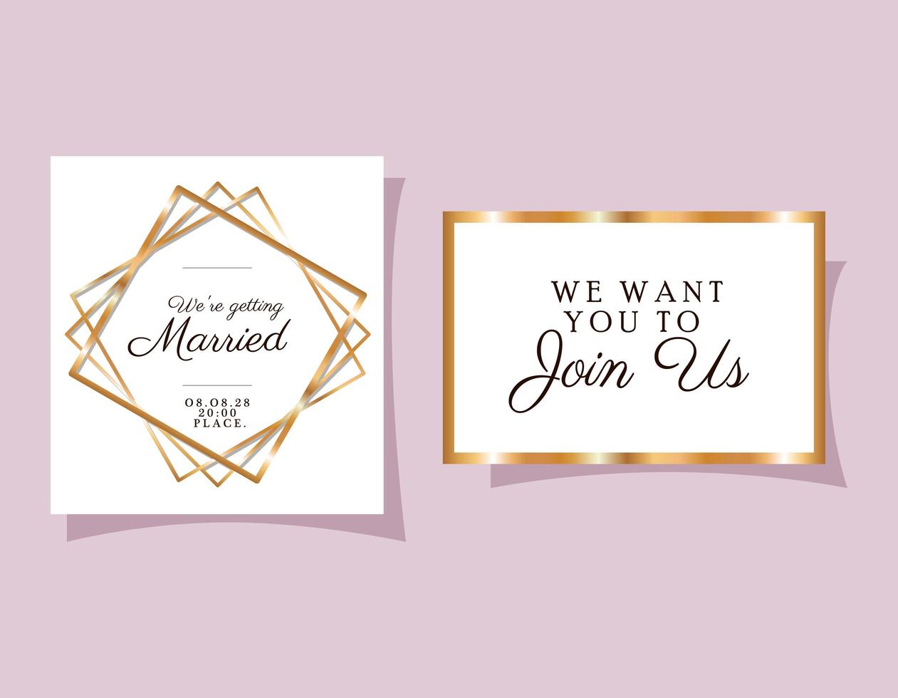 Two wedding invitations with gold ornament frames vector