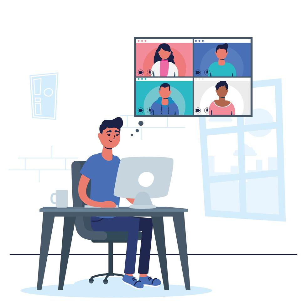 Man using computer for a virtual conference call vector