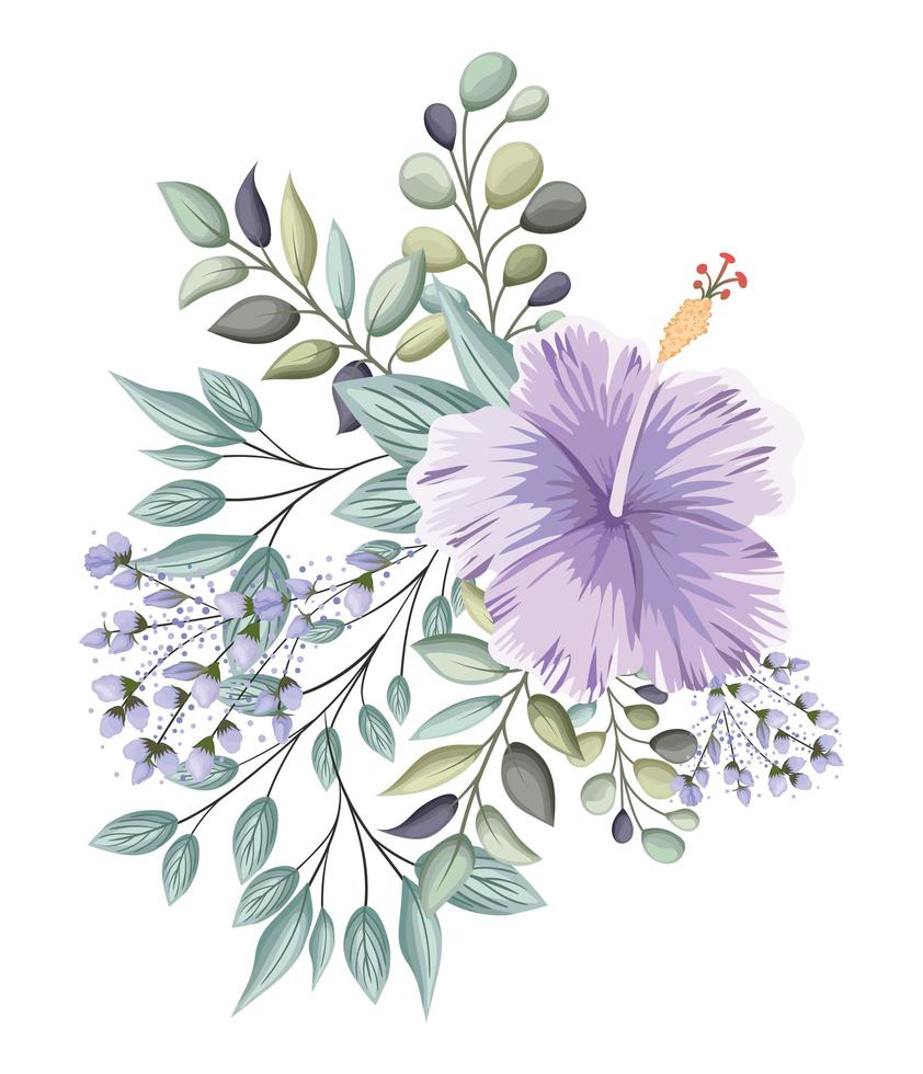 Purple Hawaiian flower with buds and leaves painting vector