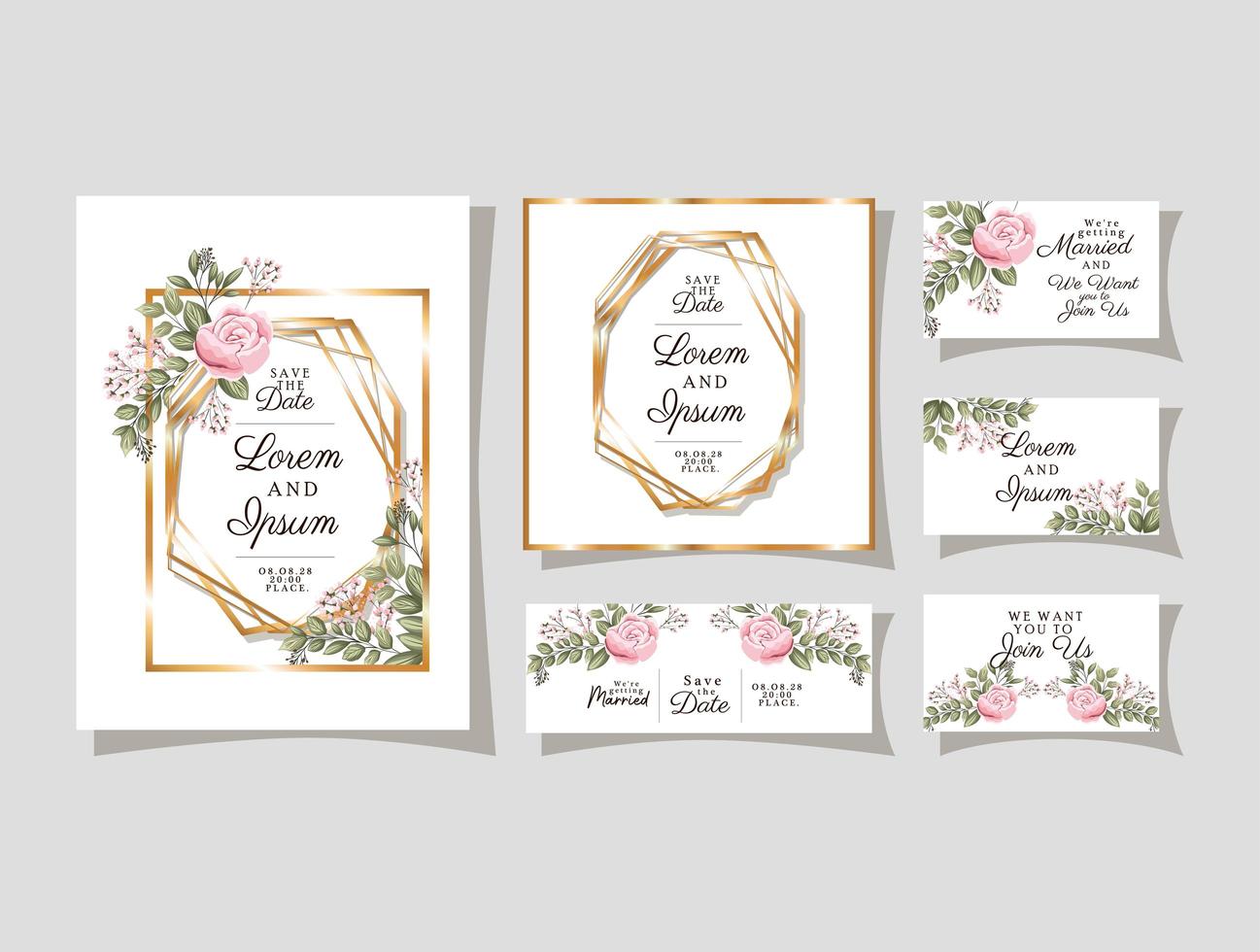 Wedding invitations set with gold ornament frames vector