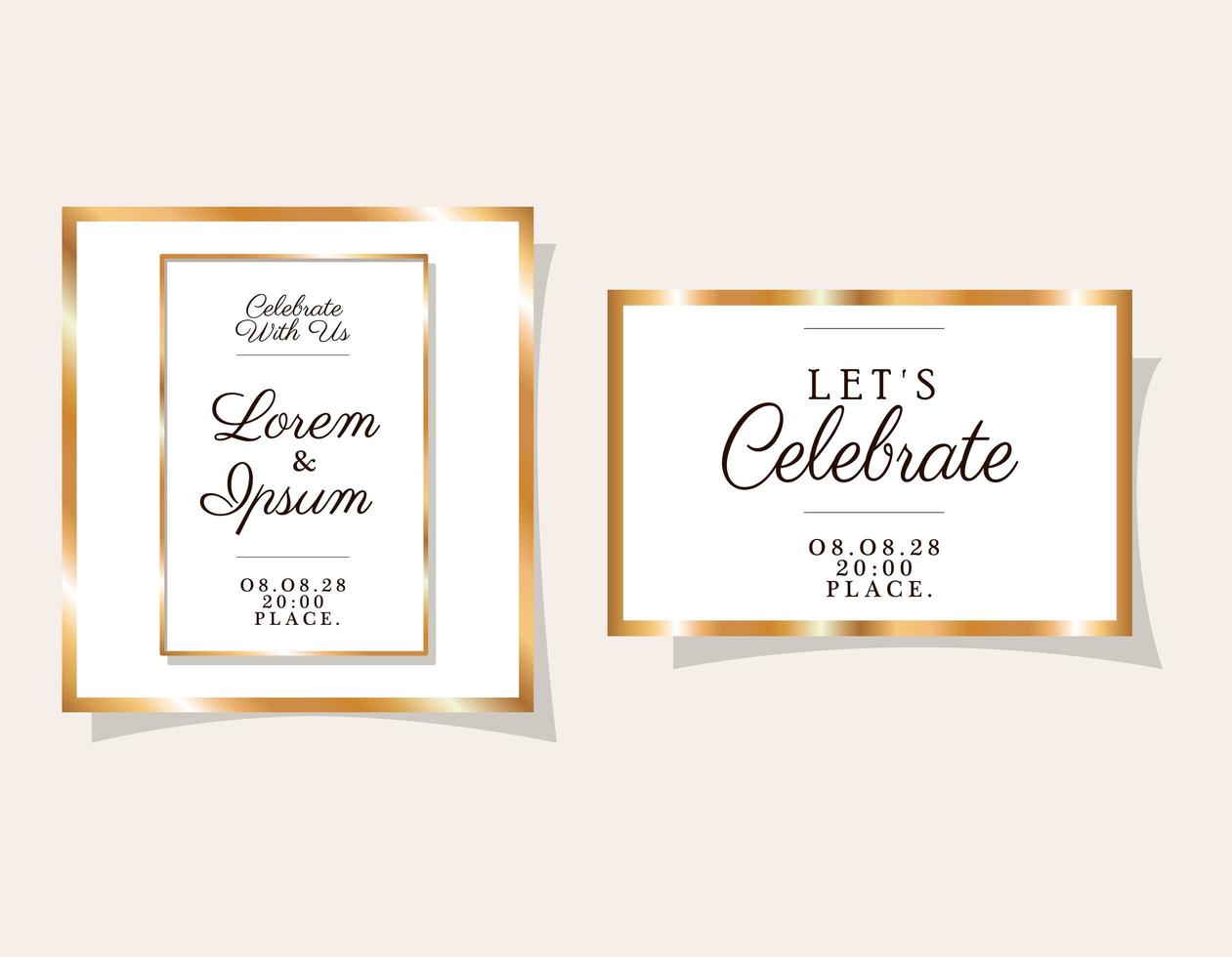 Two wedding invitations with gold ornament frames vector