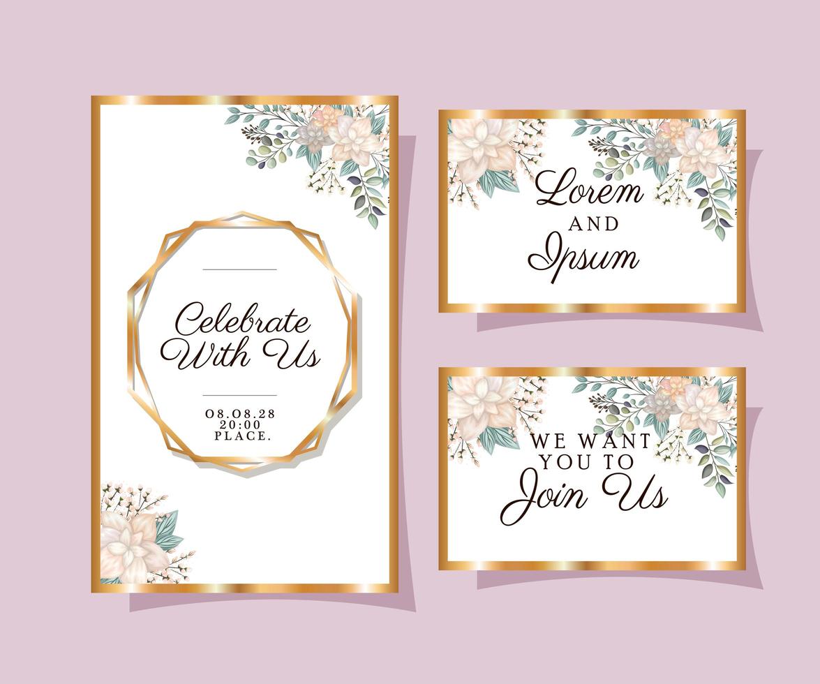 Wedding invitations set with gold ornament frames vector