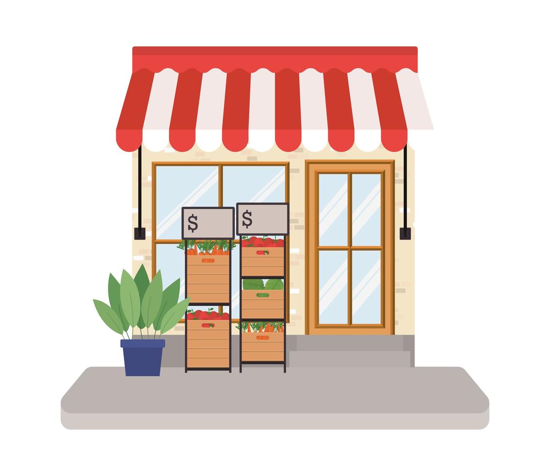 Store with tent and vegetables inside boxes vector