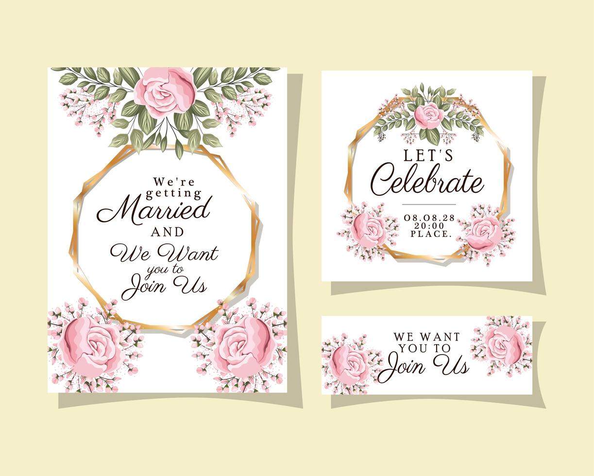 Wedding invitations set with gold ornament frames vector