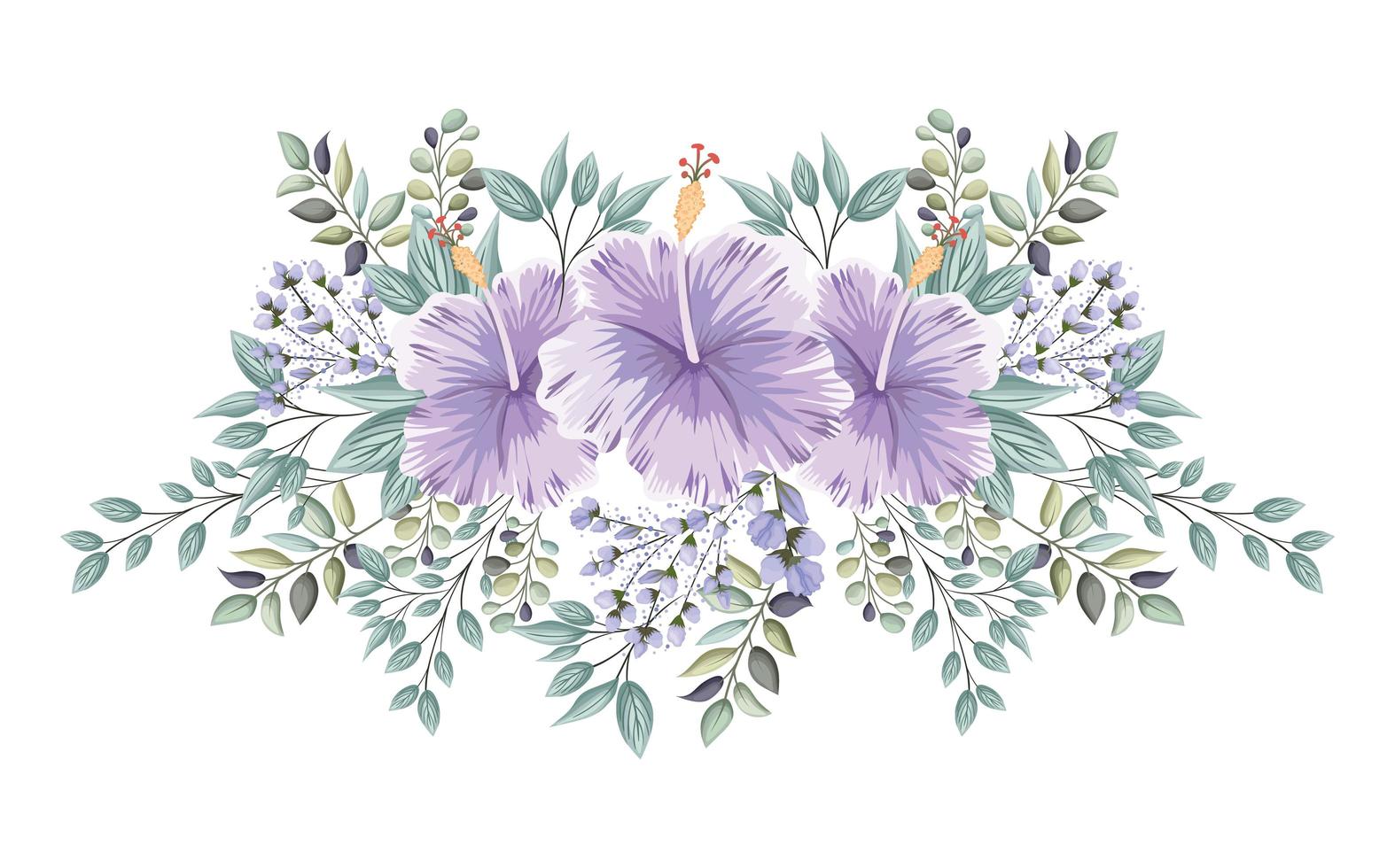 flores hawaianas moradas con brotes y hojas pintadas vector