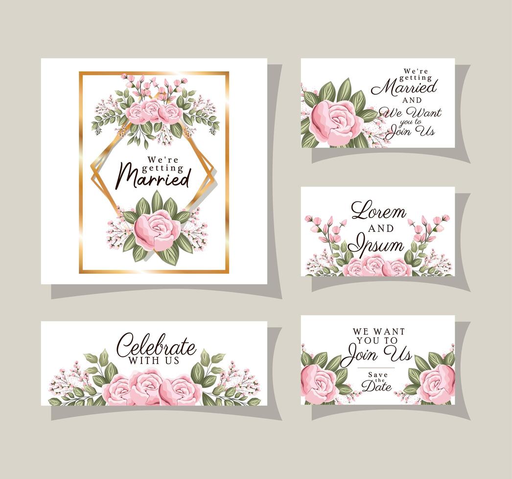 Wedding invitations set with gold ornament frames vector