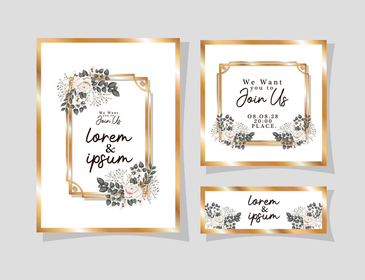 Wedding invitations set with gold ornament frames vector