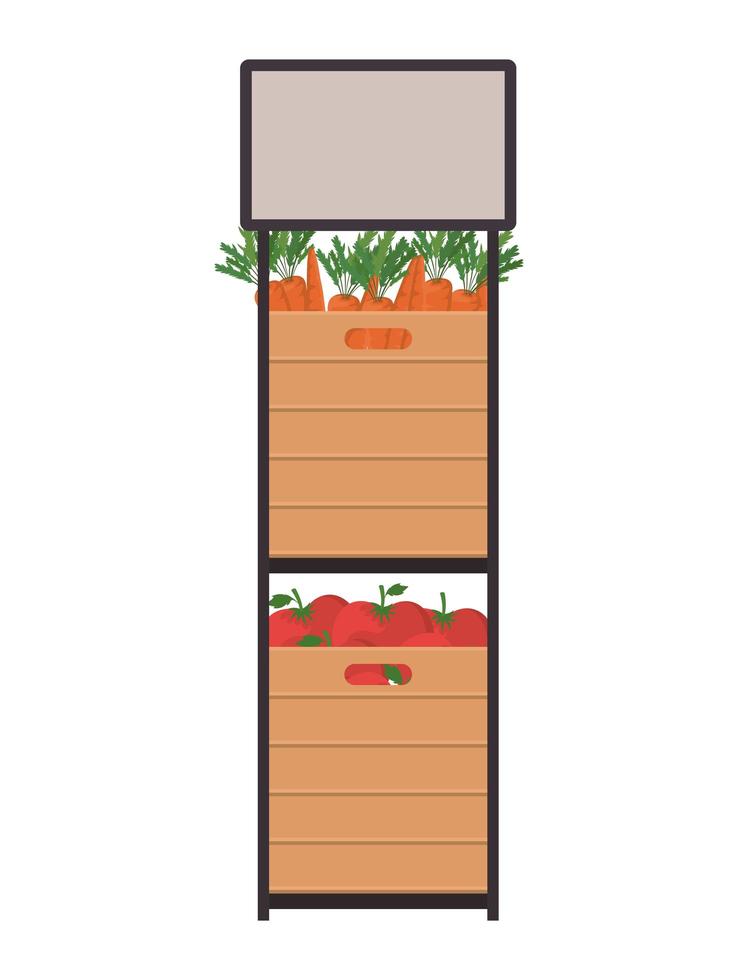 Carrots and tomatoes inside boxes on shelf vector