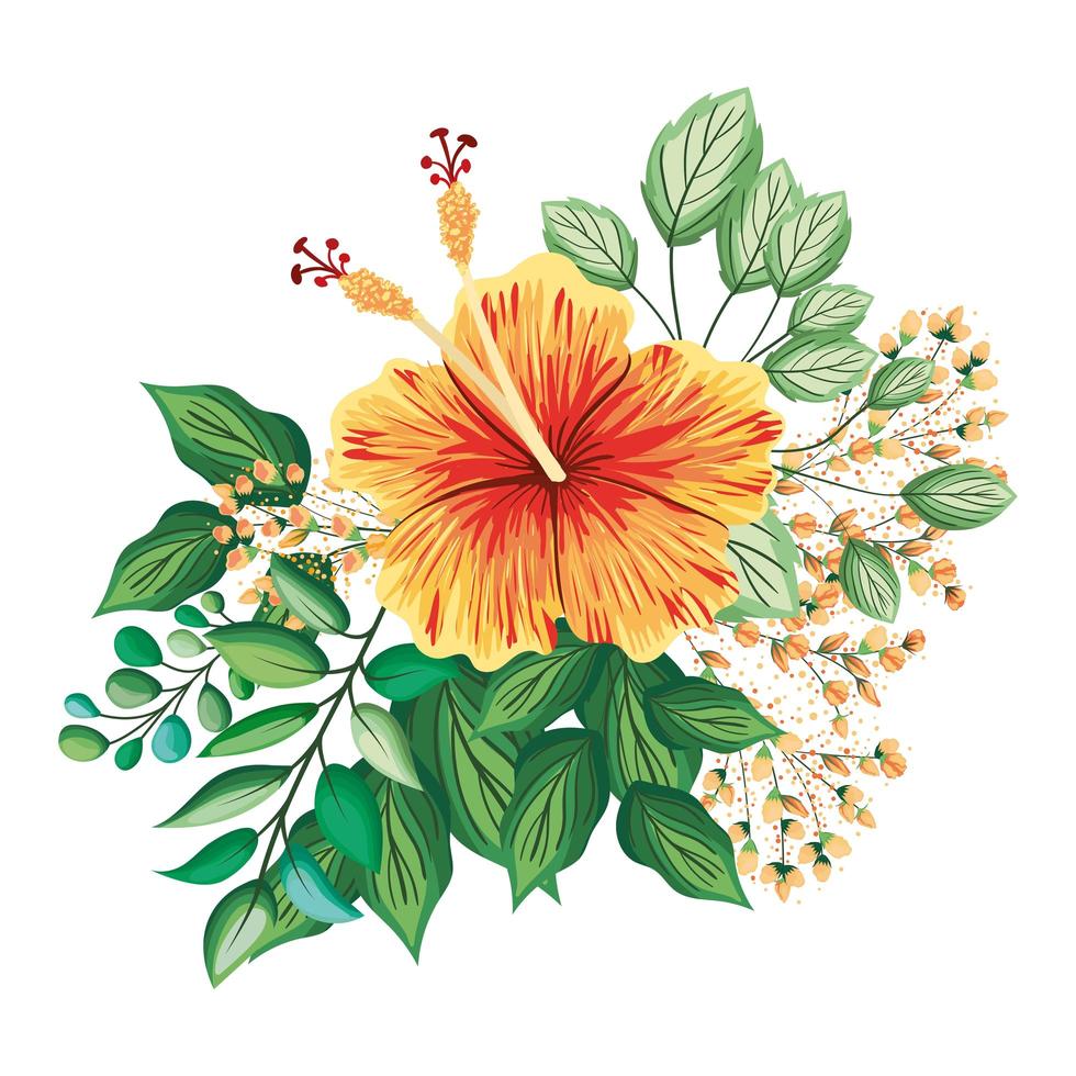 flor hawaiana naranja con brotes y hojas pintadas vector