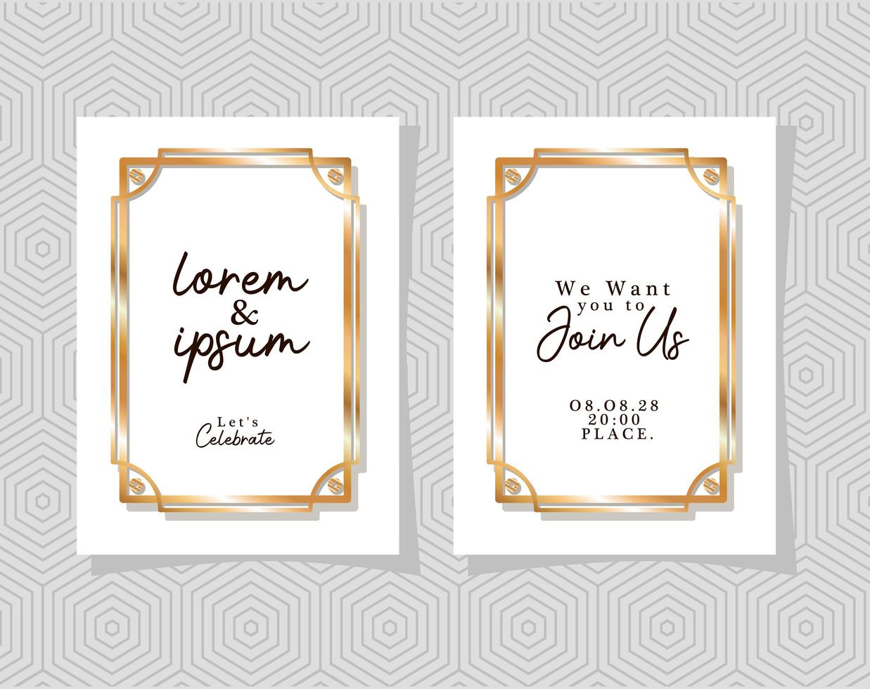 Two wedding invitations with gold frames vector