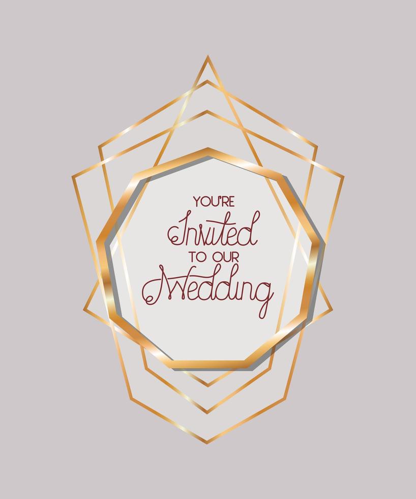 Wedding invitation in gold frame design vector