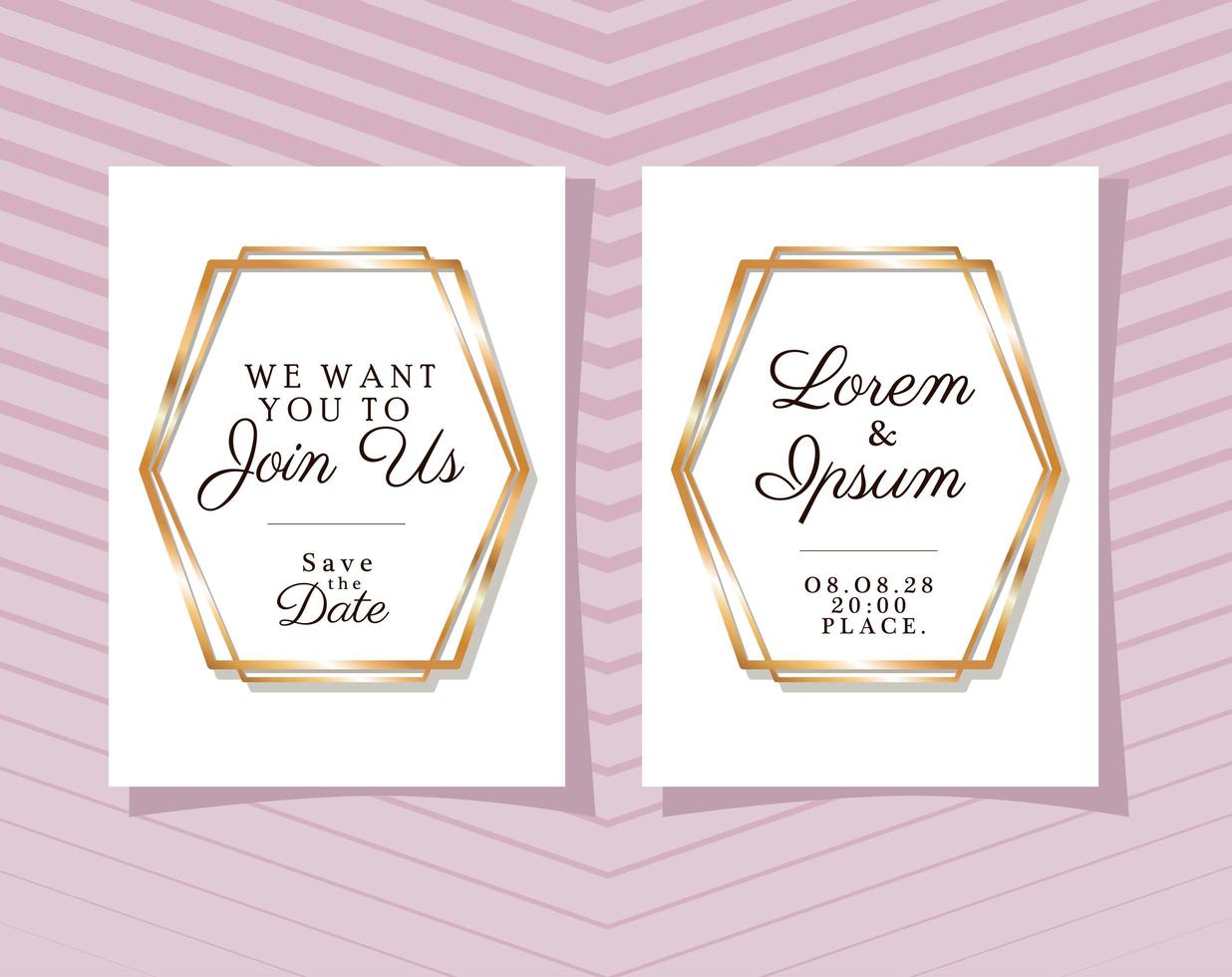 Two wedding invitations with gold frames vector