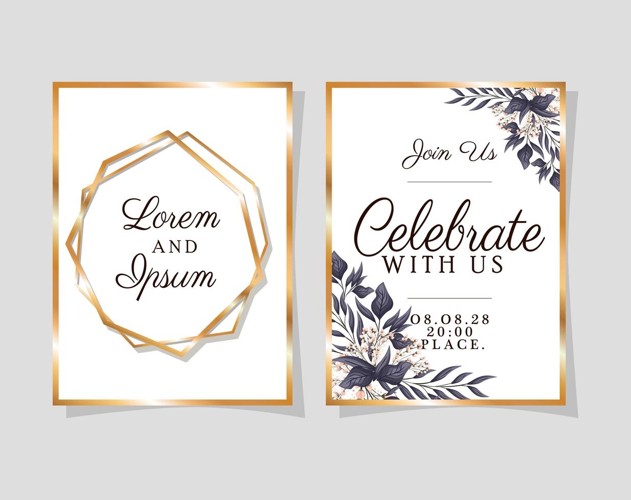 Two wedding invitations with gold frames vector